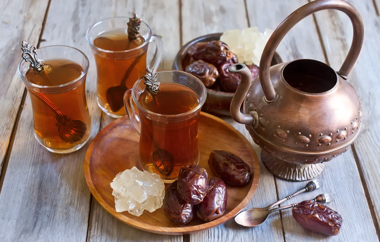 Photo wallpaper kettle, Cup, tea, spoon, cups, dates, spoons, dates