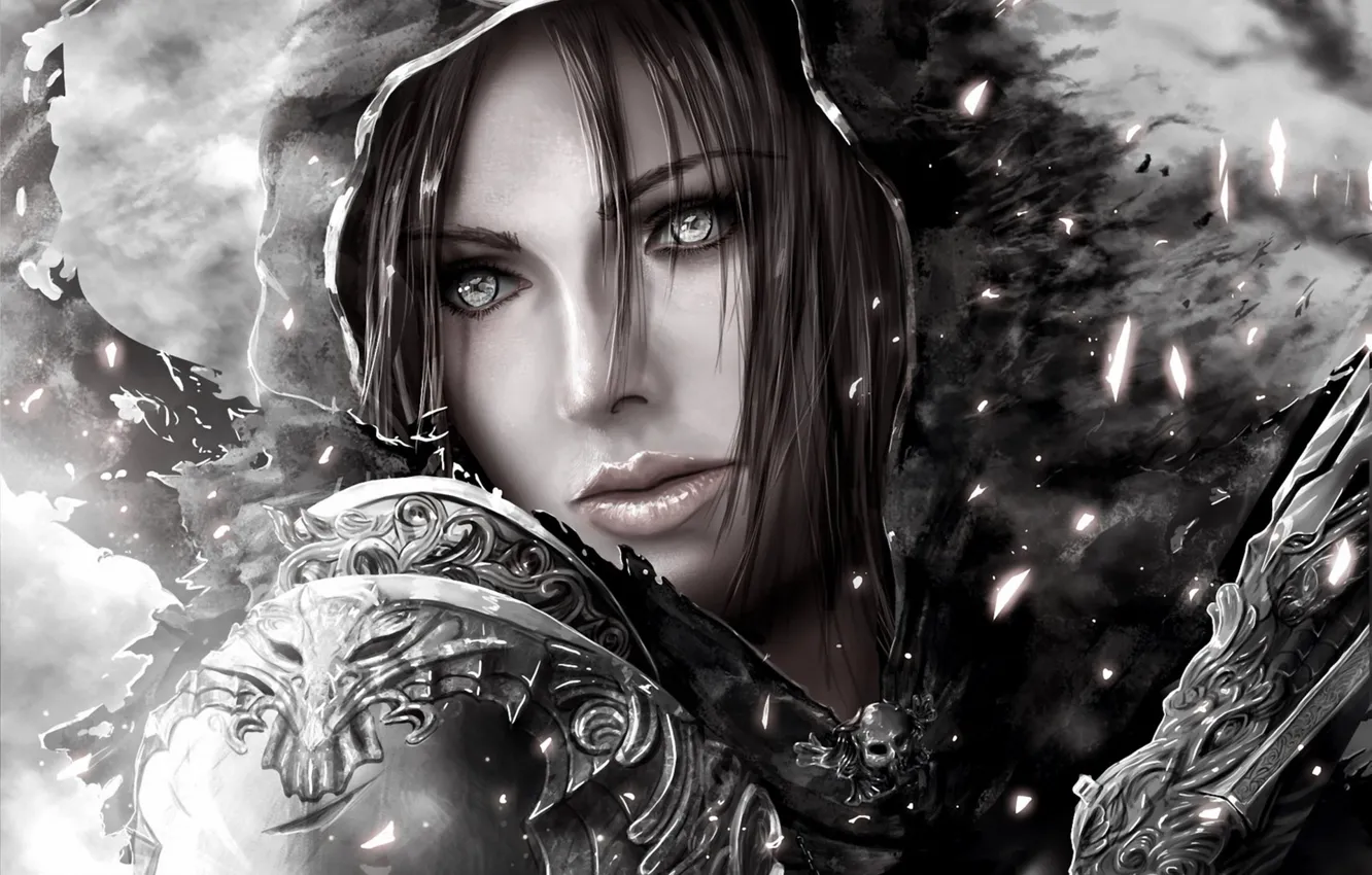Photo wallpaper girl, art, hood, black and white, Diablo 3, monochrome, Demon Hunter