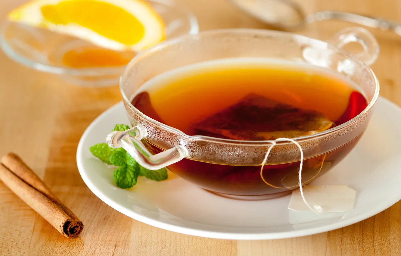 Photo wallpaper tea, tea, mint leaves, a mint leaf., tea bag, stick cinnamon, cinnamon stick, tea bag