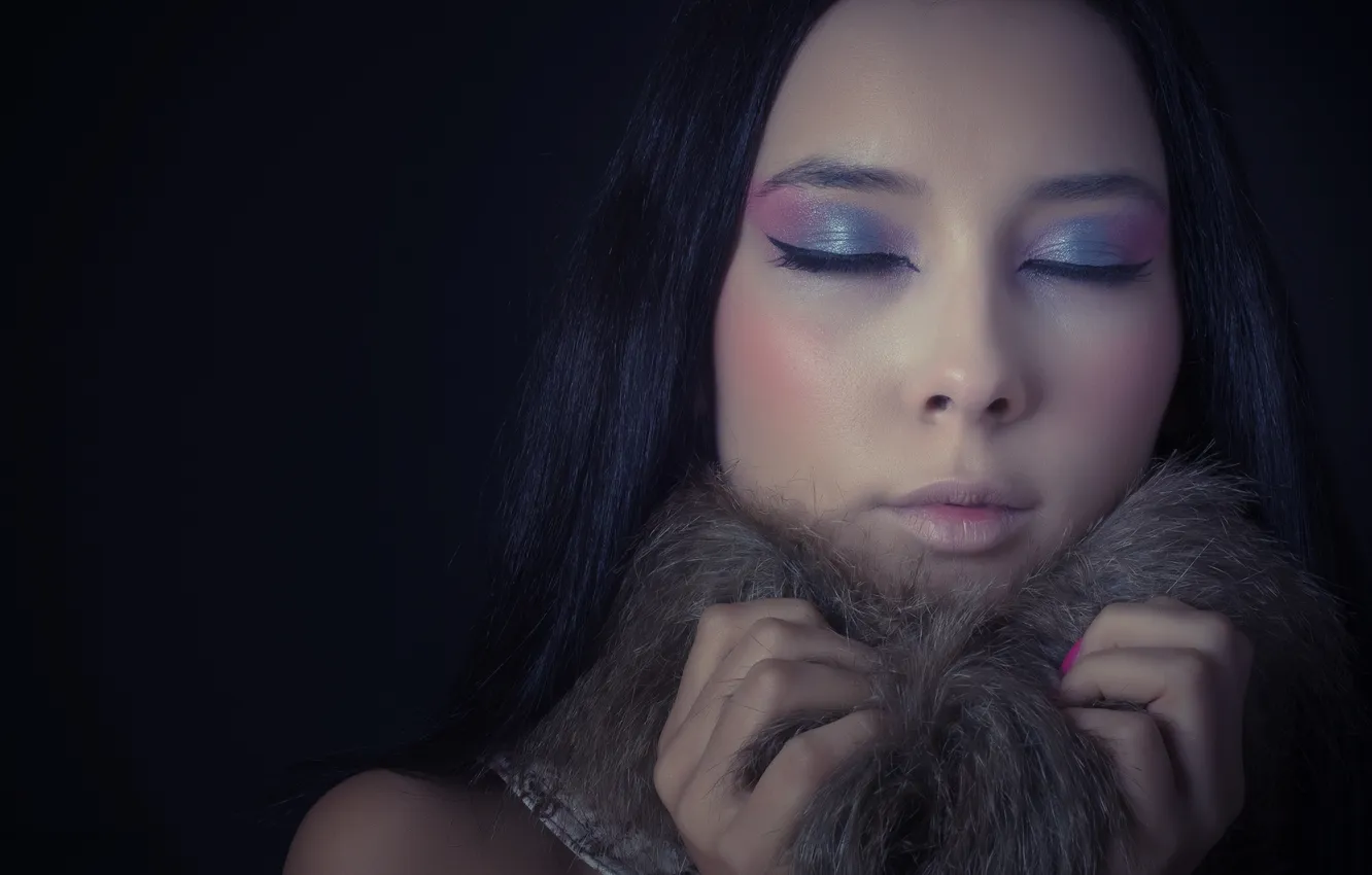 Photo wallpaper girl, bright, hair, dark, shadow, makeup, fur, girl
