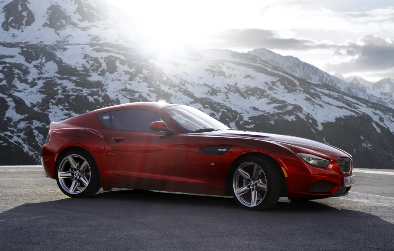 Photo wallpaper the sky, mountains, red, coupe, BMW, BMW, Coupe, the front