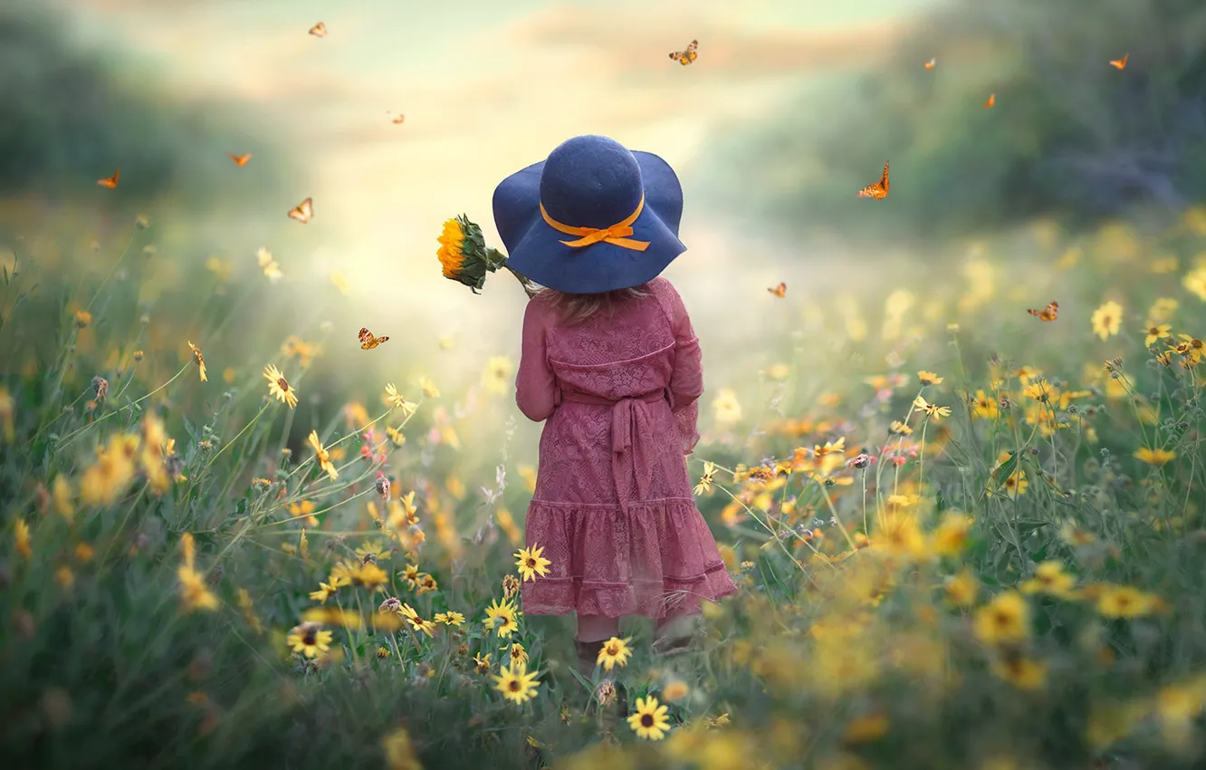 Photo wallpaper NATURE, GRASS, GREENS, BUTTERFLY, HAT, FLOWERS, GIRL, GLADE