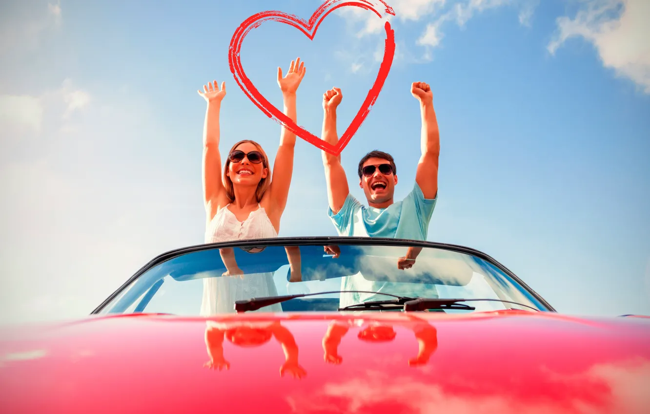 Photo wallpaper the sky, girl, the sun, clouds, joy, happiness, red, mood