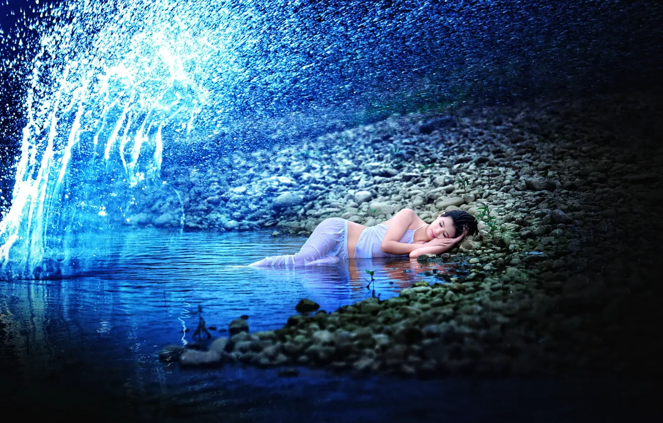 Photo wallpaper wave, girl, Asian