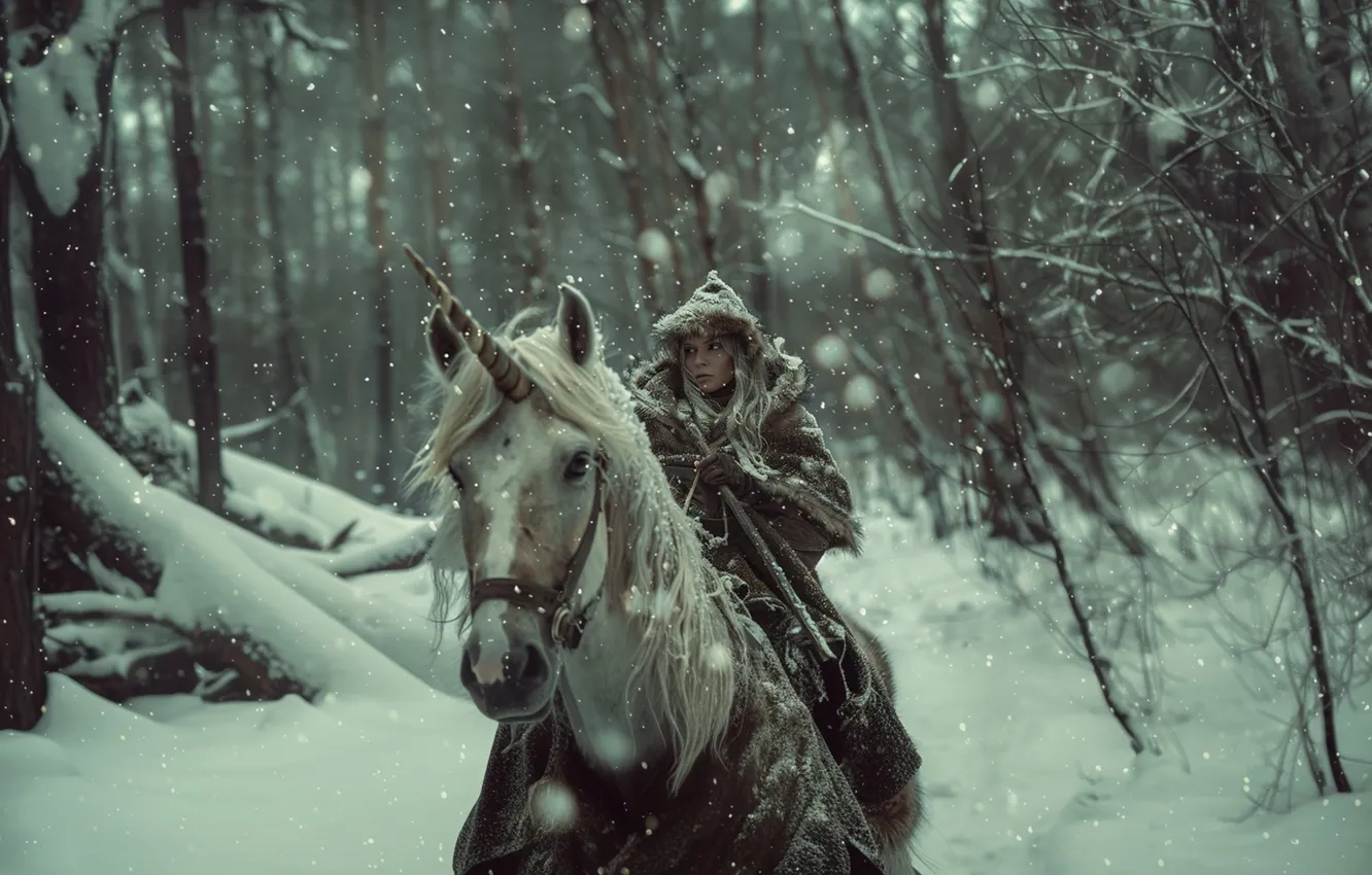 Photo wallpaper cold, winter, forest, girl, snow, trees, branches, nature