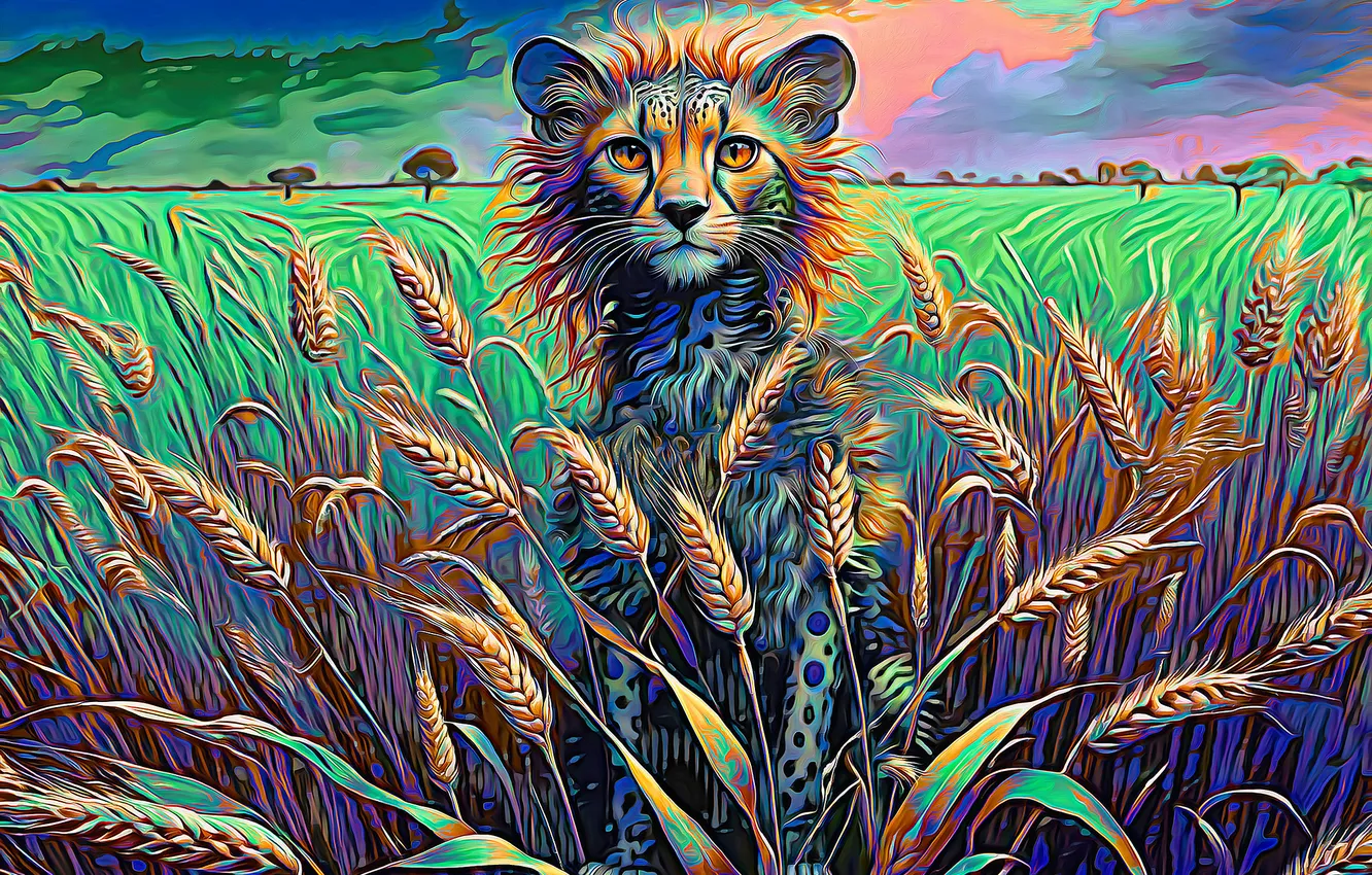 Photo wallpaper field, purple, look, face, nature, green, Cheetah, ears