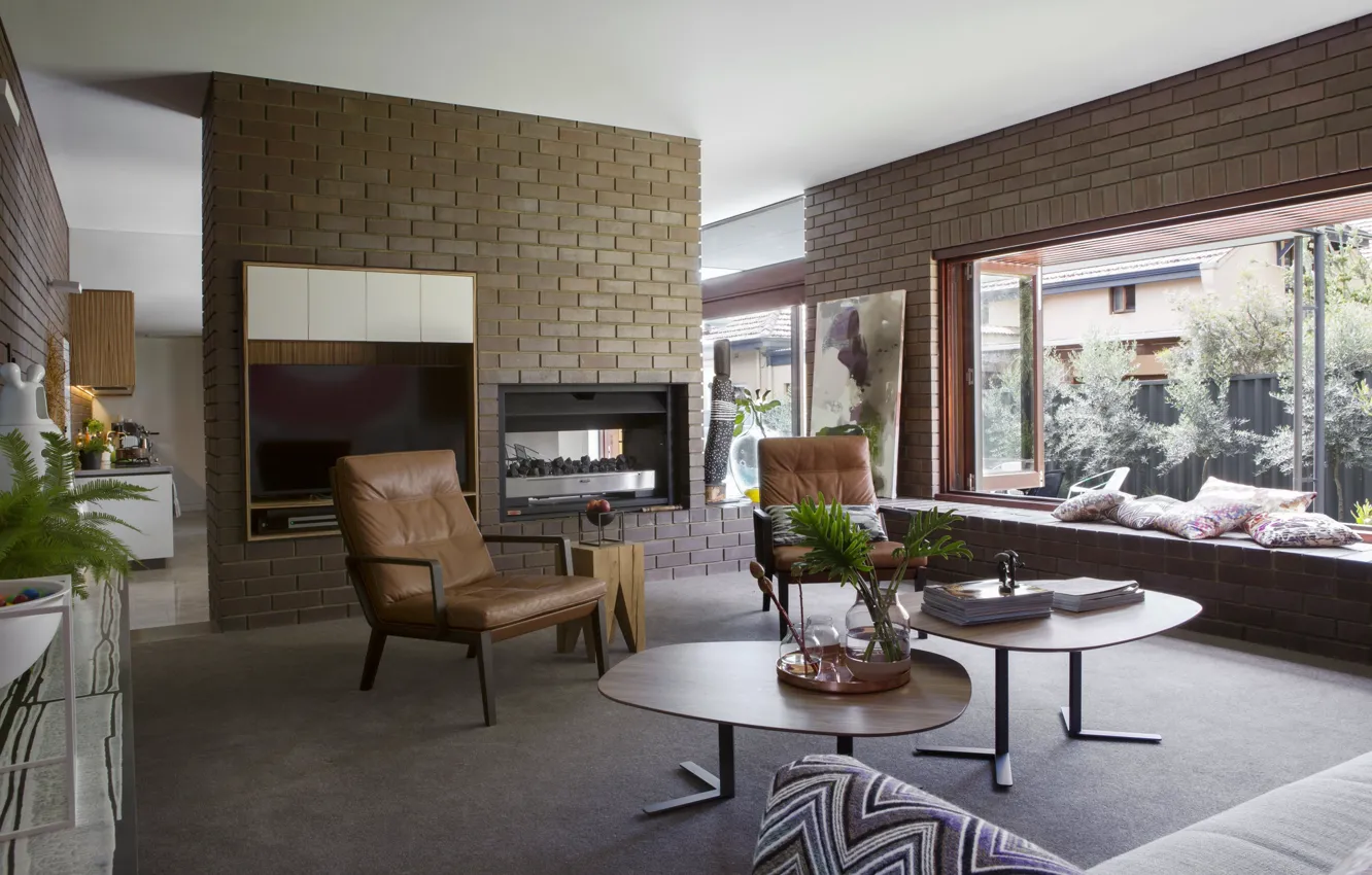 Photo wallpaper interior, kitchen, fireplace, living room