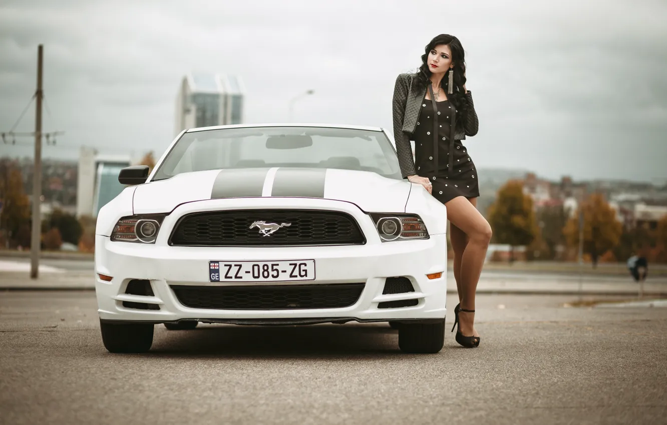 Photo wallpaper machine, auto, girl, pose, dress, Ford Mustang, Ivan Kovalev, Anna Korsikankova