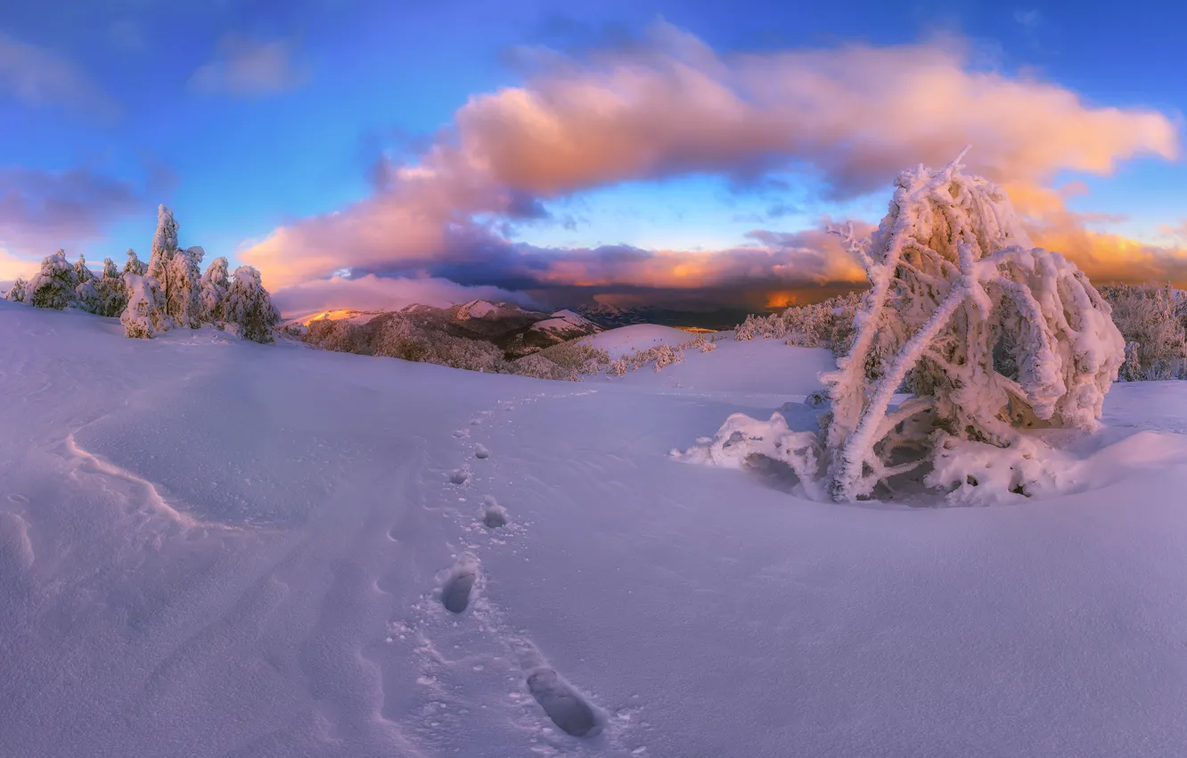 Photo wallpaper winter, snow, landscape, mountains, traces, nature, Crimea, Demerdzhi