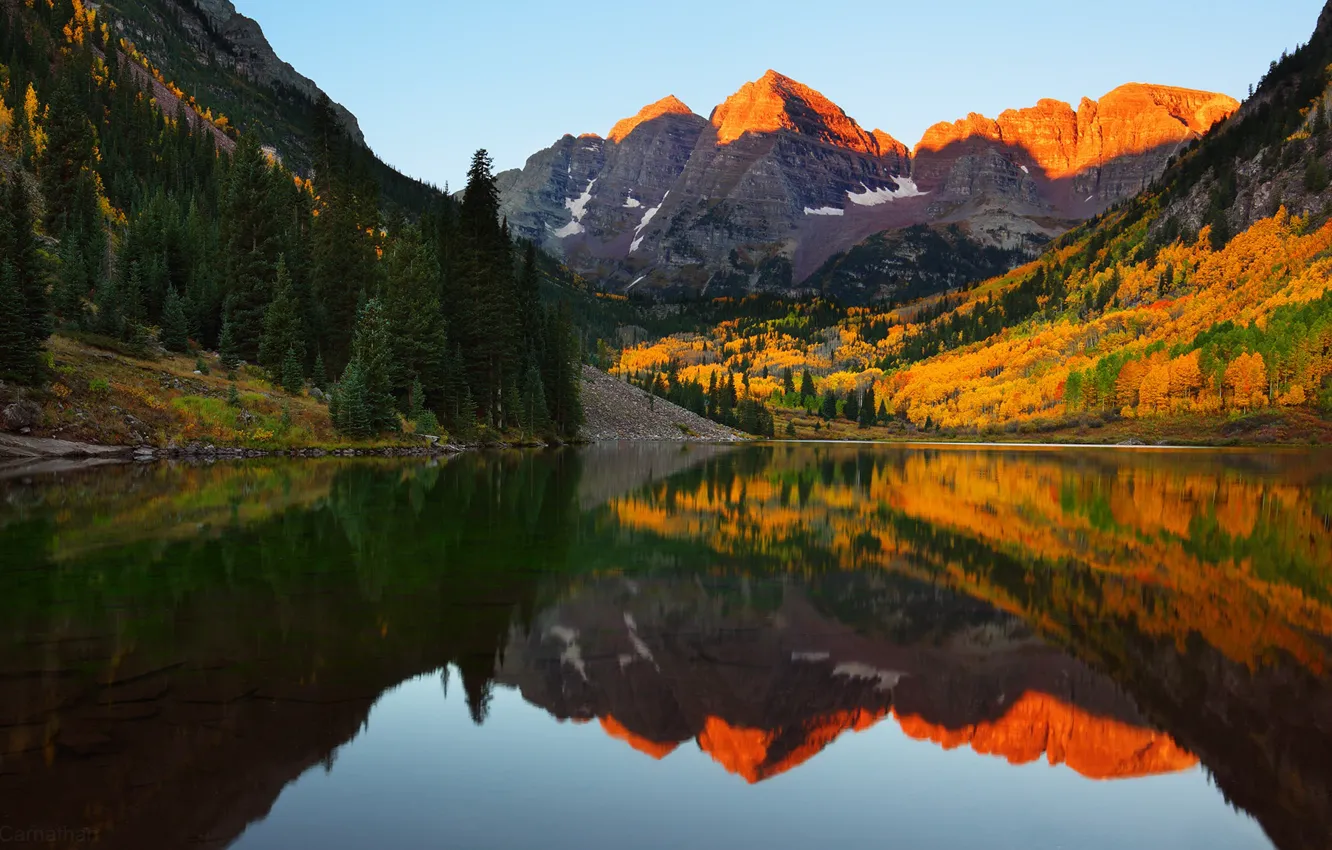 Photo wallpaper autumn, mountains, lake, reflection, the slopes, Colorado, Colorado, Rocky mountains