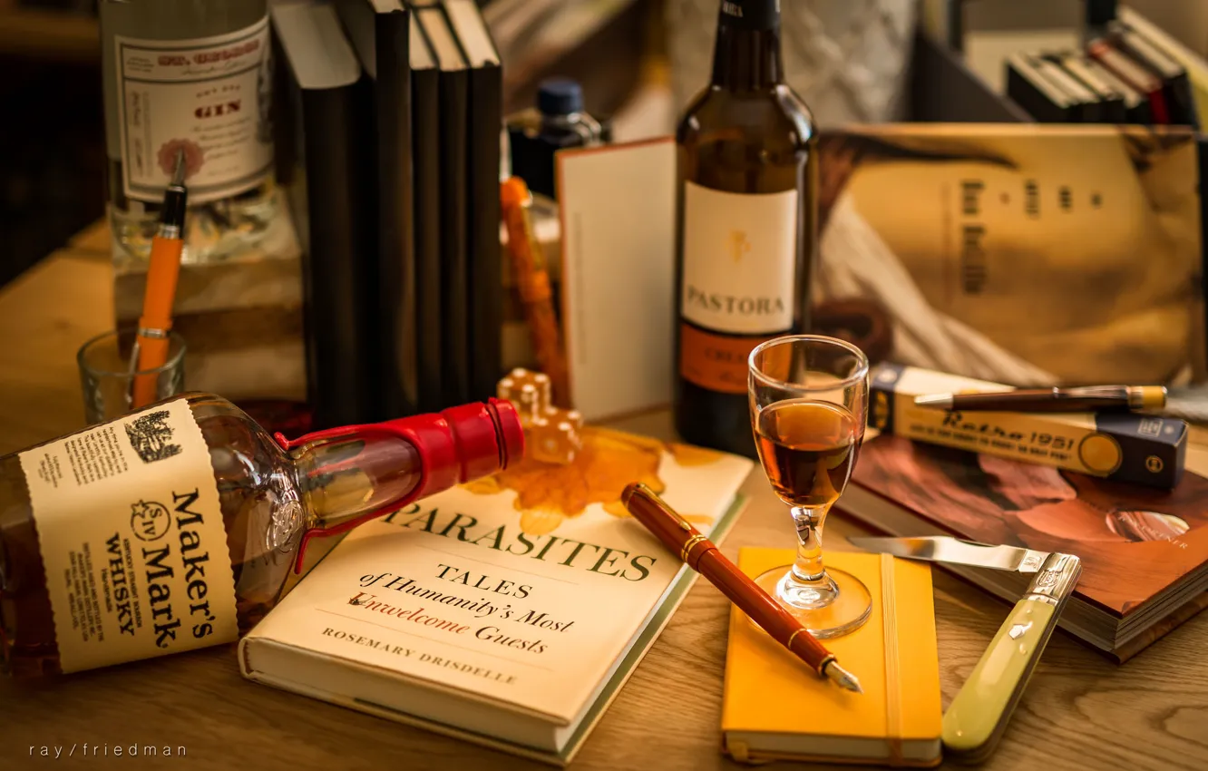 Photo wallpaper bottle, feathers, handle, book, still life, whiskey, glass