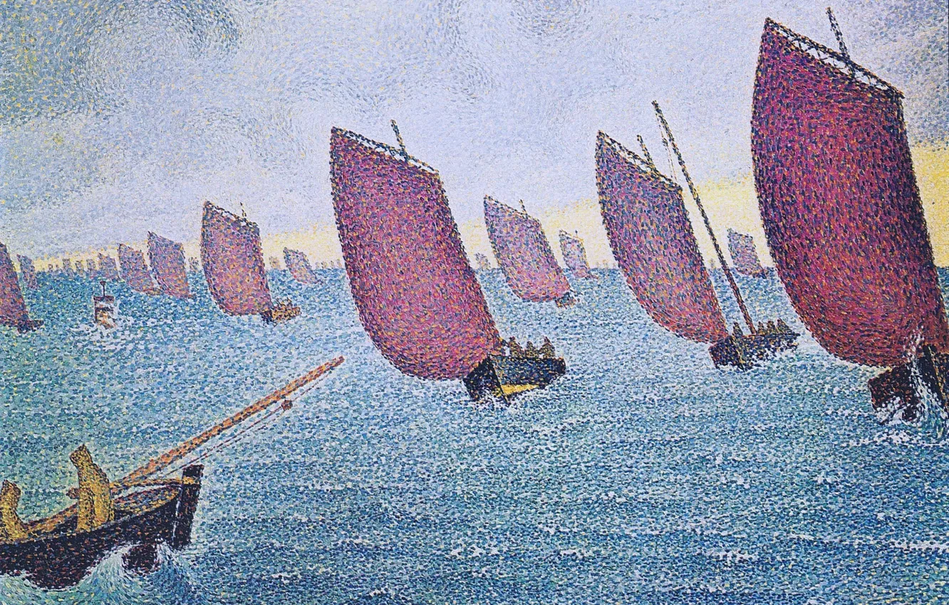 Photo wallpaper boat, picture, sail, seascape, Paul Signac, pointillism, Concarneau. Return Longbottom