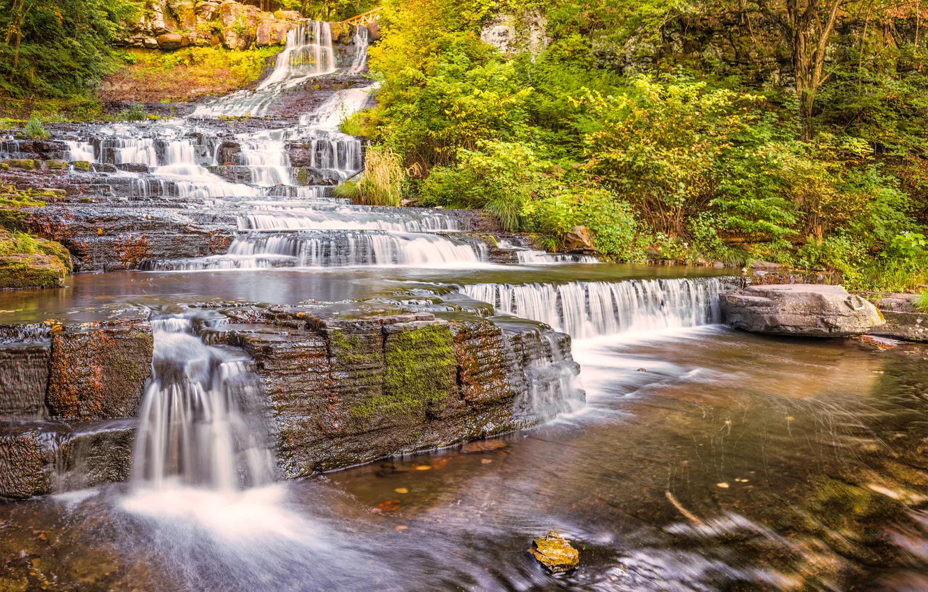 Photo wallpaper autumn, trees, river, rocks, waterfall, cascade