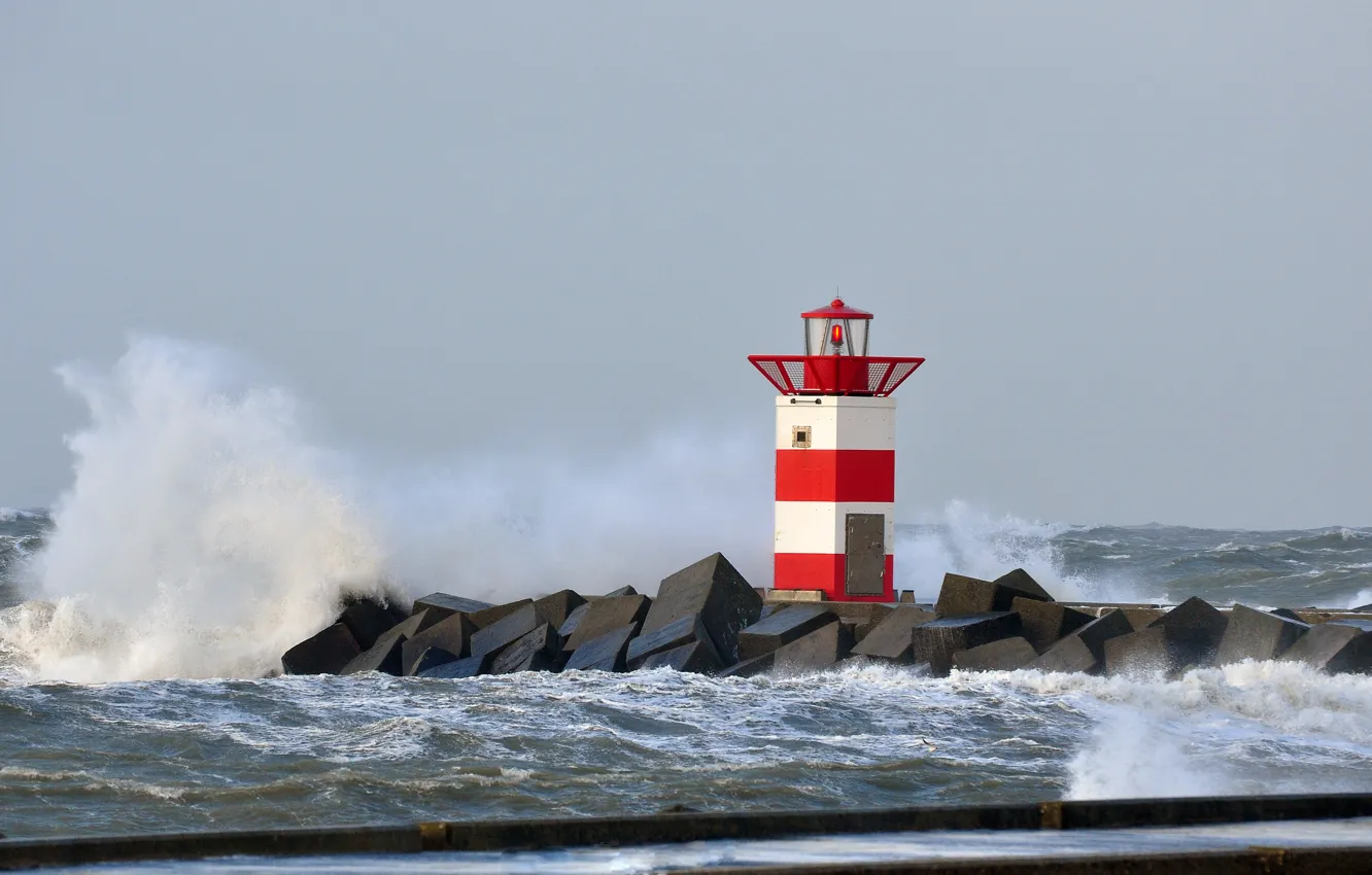 Photo wallpaper storm, lighthouse, braid, Netherlands, North sea, Scheveningen, Scheveningen