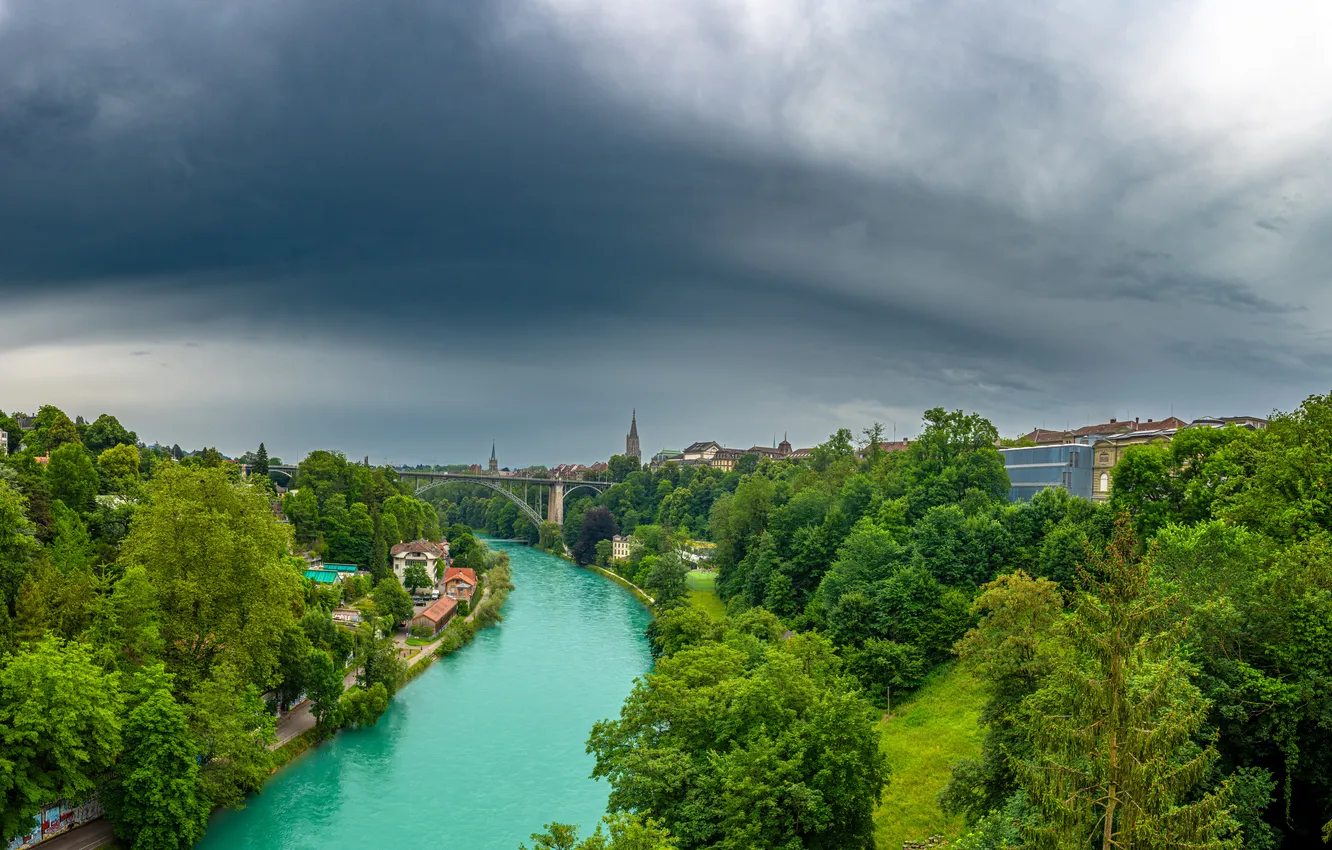 Photo wallpaper trees, bridge, river, Switzerland, panorama, Bern