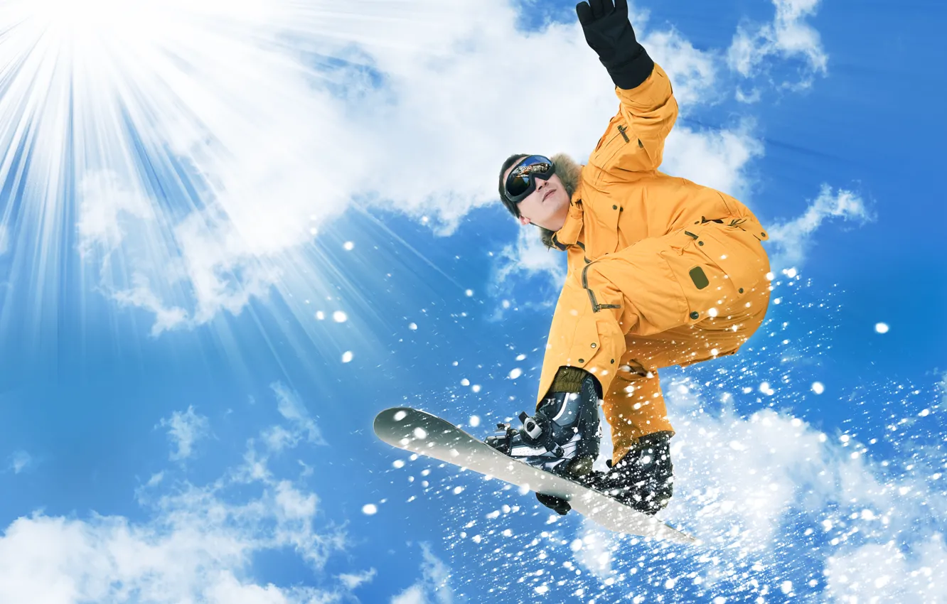Photo wallpaper snow, pose, snowboard, Winter, glasses, Board, snowboarder