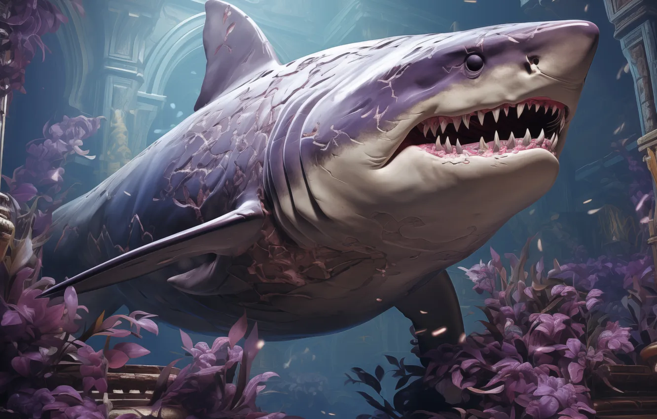 Photo wallpaper building, predator, shark, teeth, underwater world, digital art, AI art, The Art of Artificial Intelligence