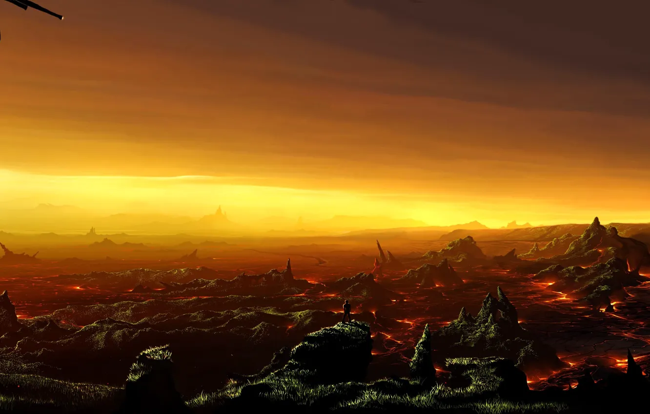 Photo wallpaper landscape, fiction, people, view, art, lava, Alberto Vangelista