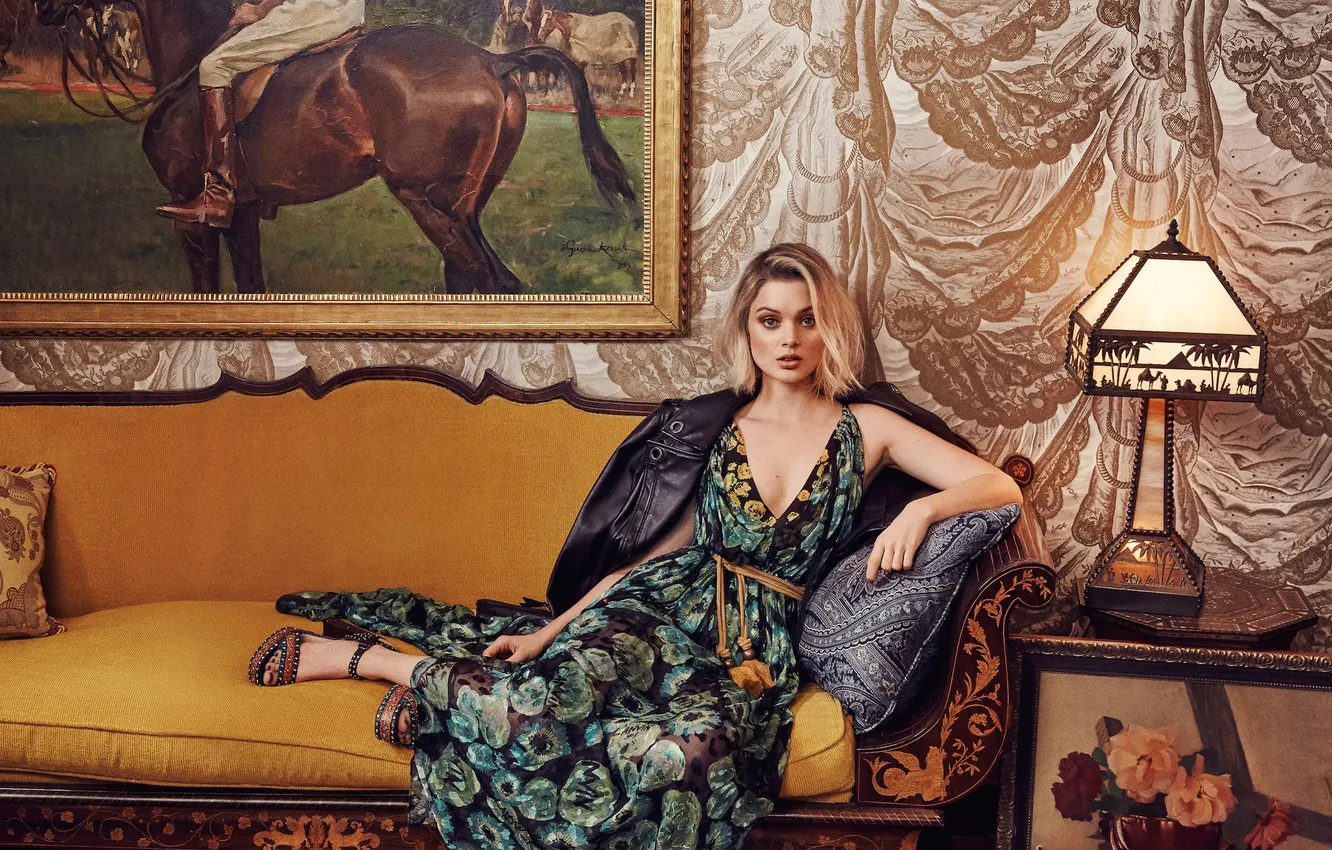 Photo wallpaper pose, model, lamp, interior, picture, pillow, makeup, dress