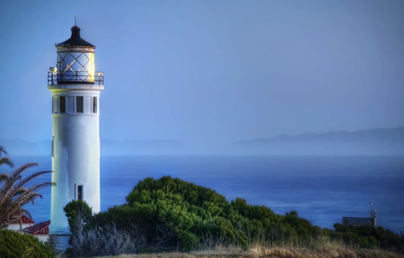 Photo wallpaper sea, the sky, clouds, trees, mountains, lighthouse, hdr, california