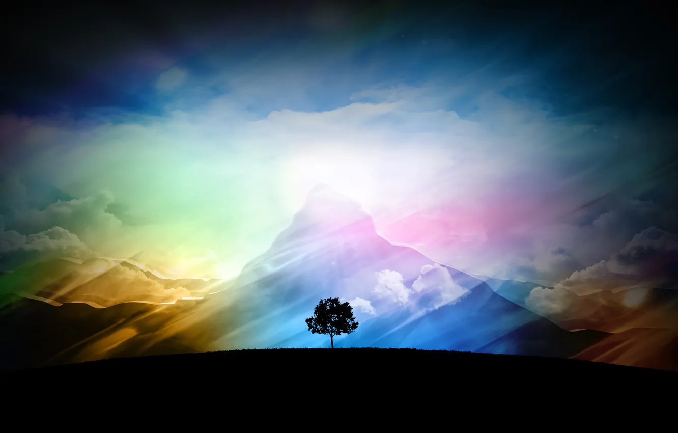 Photo wallpaper the sky, clouds, mountains, tree, landscape, sunlight