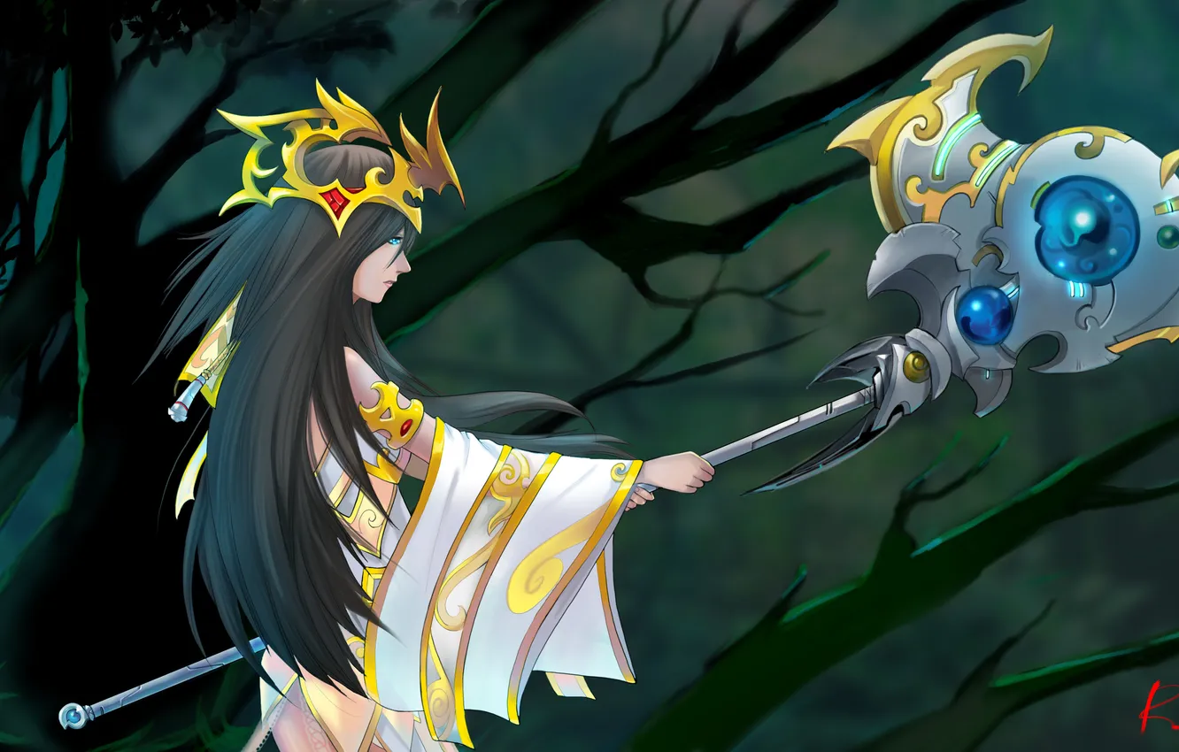 Photo wallpaper girl, trees, background, profile, staff, League of Legends, Janna, LoL