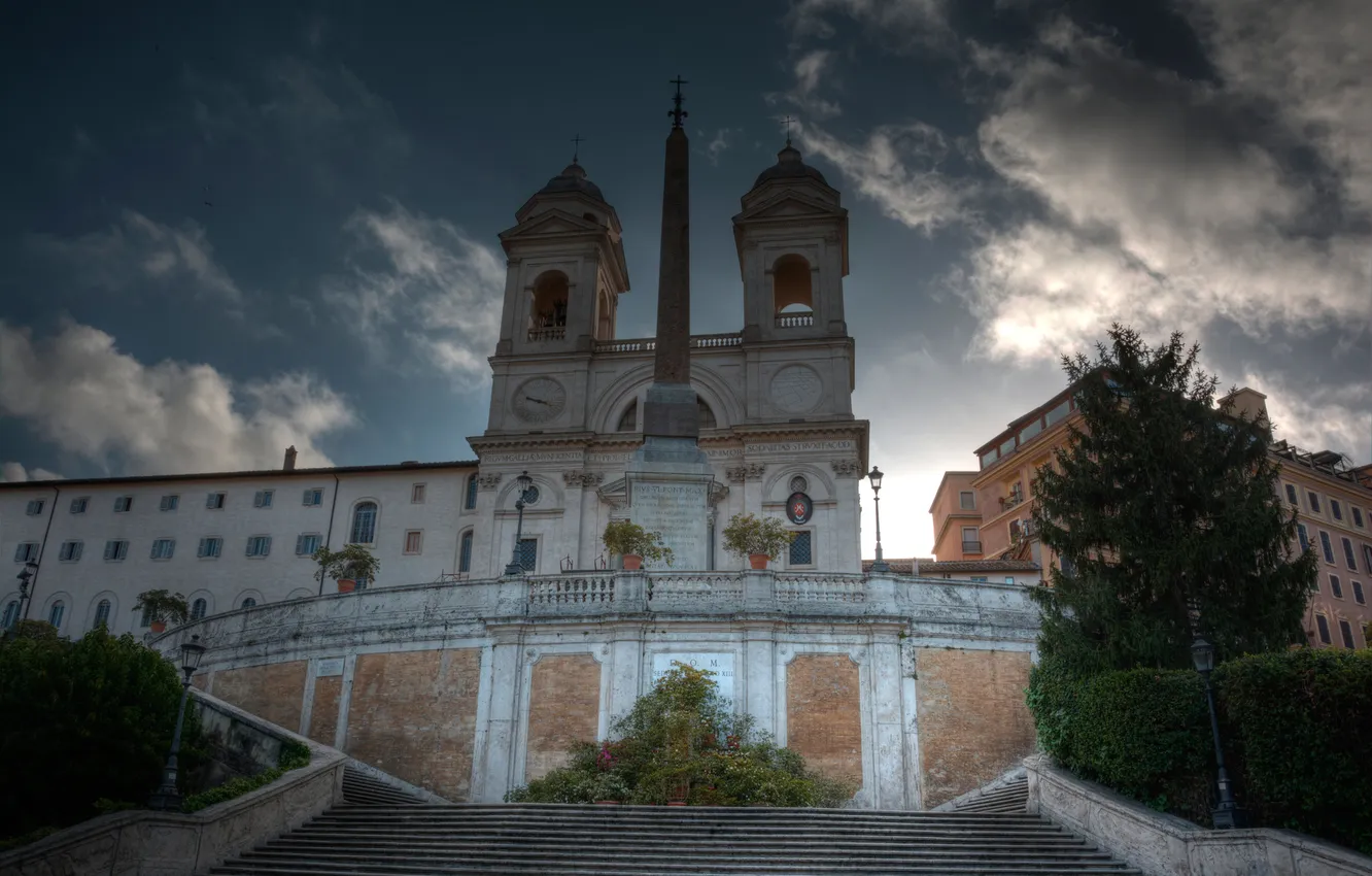 Photo wallpaper the sky, clouds, HDR, Rome, Italy, stage, obelisk, The Spanish steps