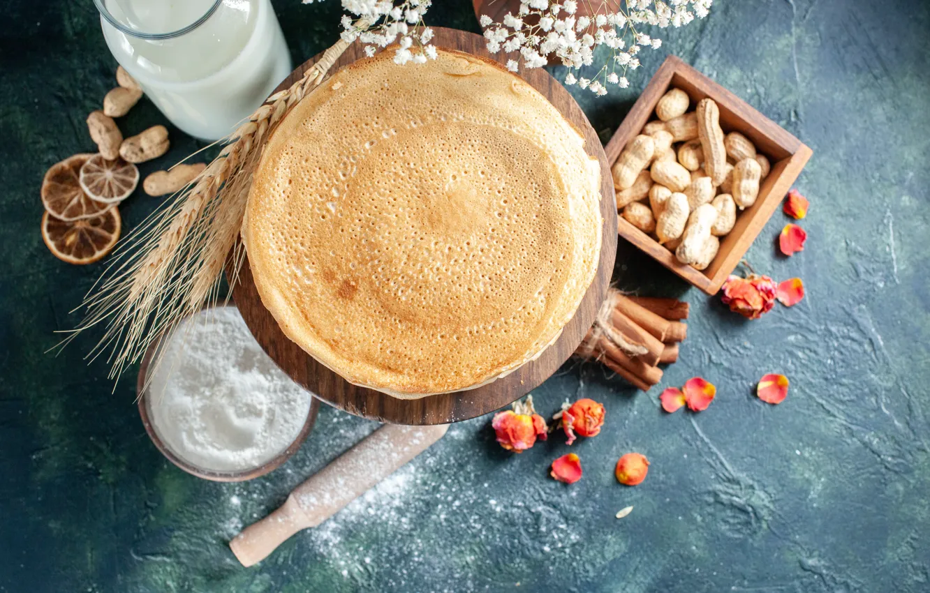 Photo wallpaper wheat, flowers, table, petals, milk, Bank, ears, citrus