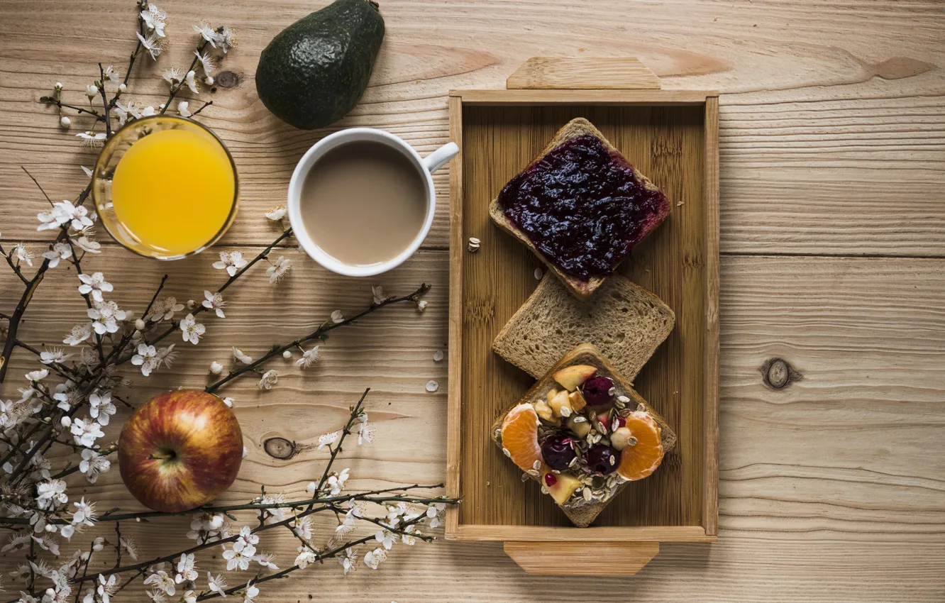 Photo wallpaper apples, coffee, juice, avocado, sandwiches