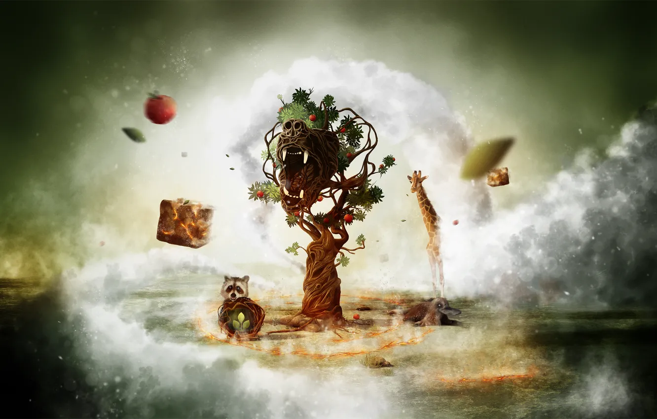 Photo wallpaper trees, fog, fantasy, creative, animal, art, giraffe, mouth