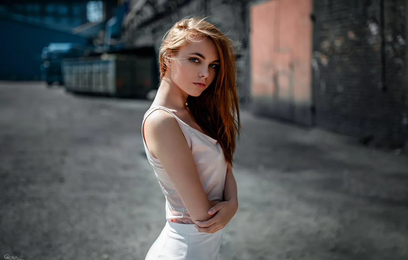Photo wallpaper white, girl, background, wall, portrait, dress, contrast, Truck