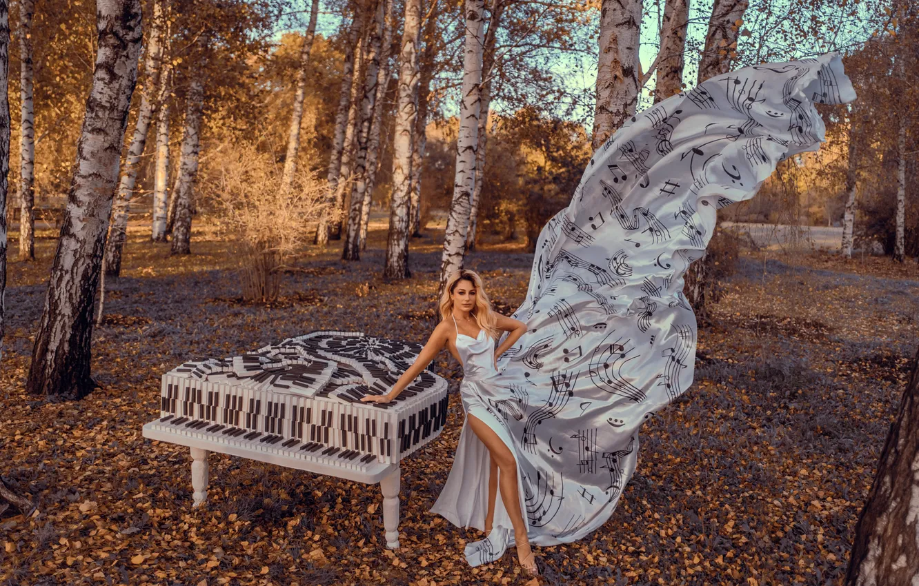 Photo wallpaper long, style, look, Park, piano, glade, girl, notes