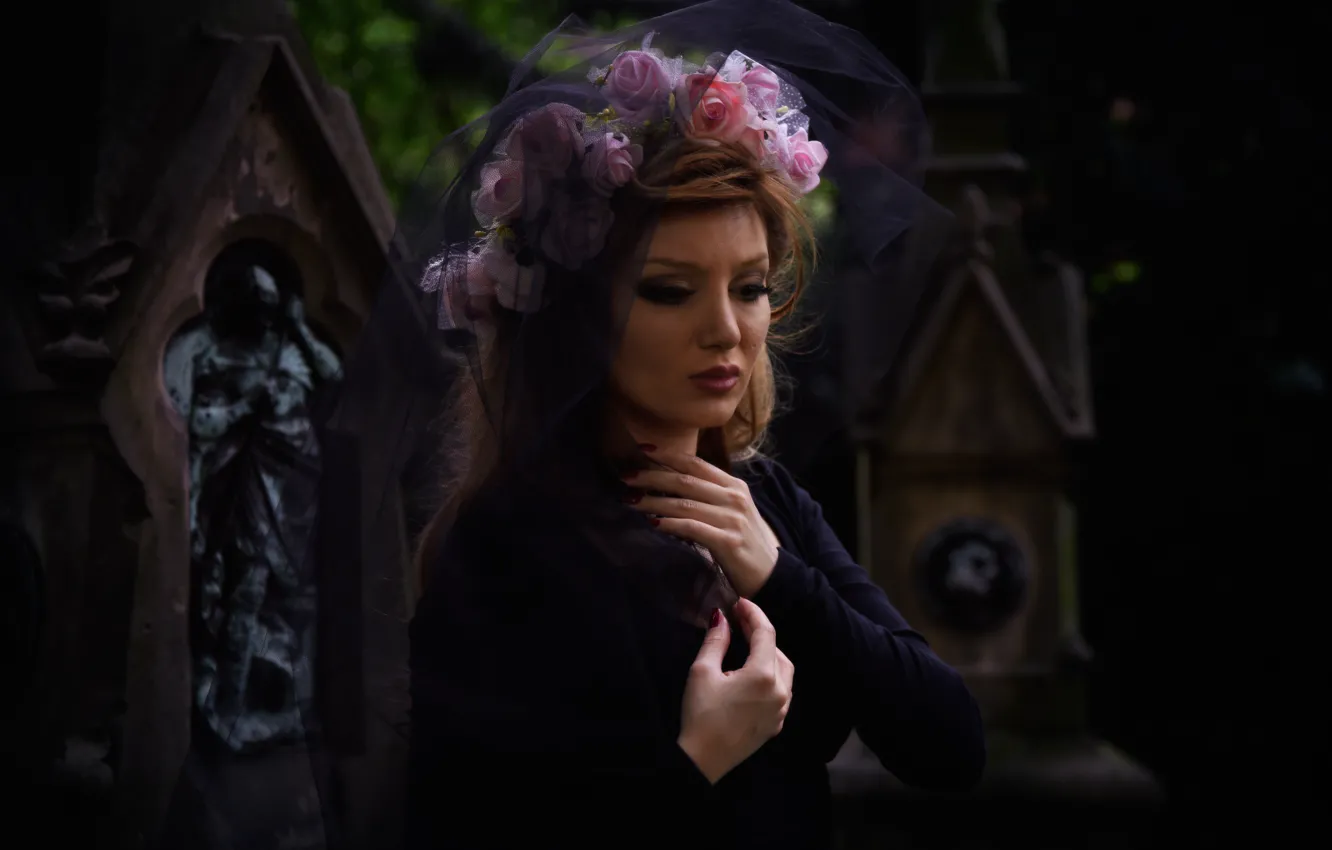 Photo wallpaper sadness, girl, flowers, mood, wreath, veil