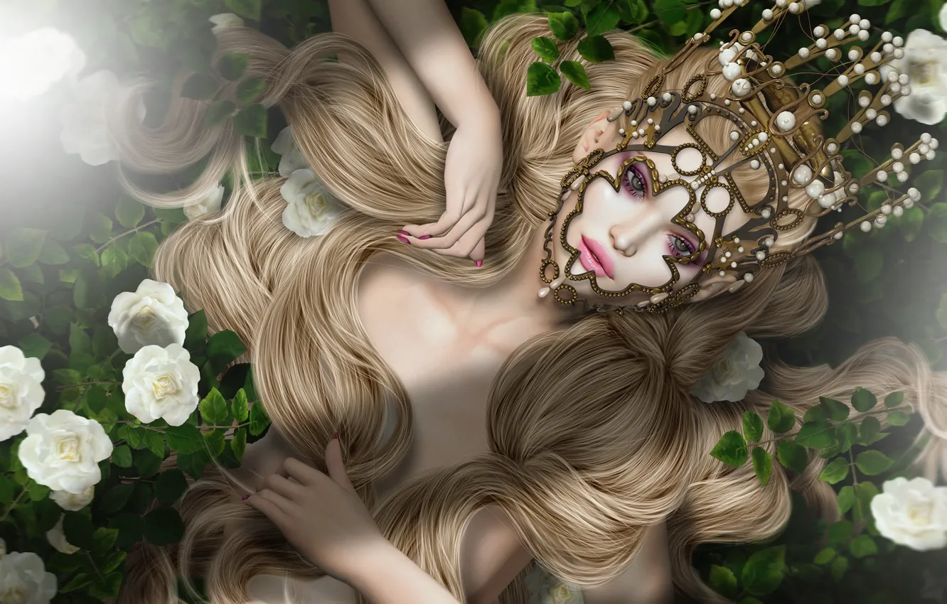 Photo wallpaper girl, decoration, hair, roses, blonde