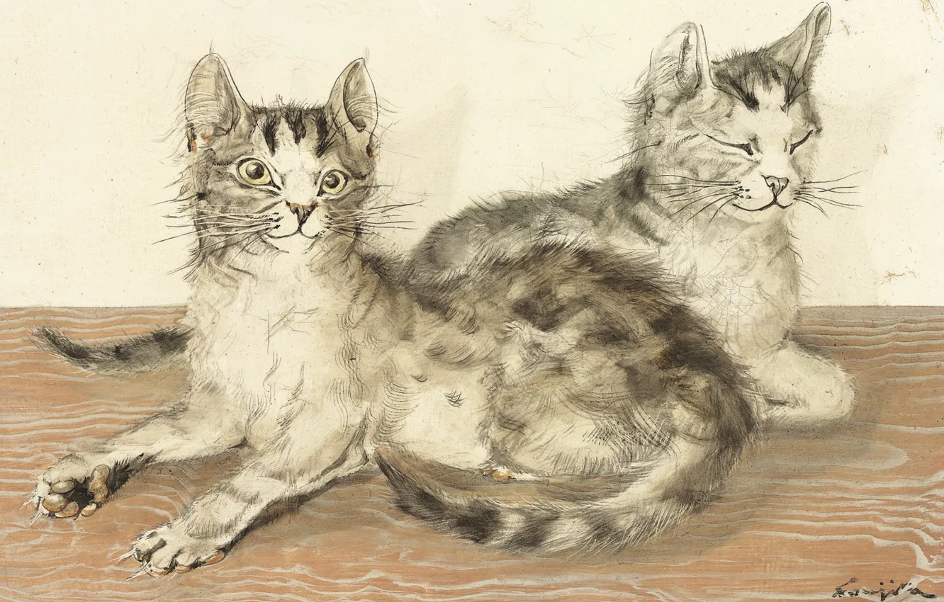 Photo wallpaper 1957, modern, two cats, Tsuguharu, Fujita