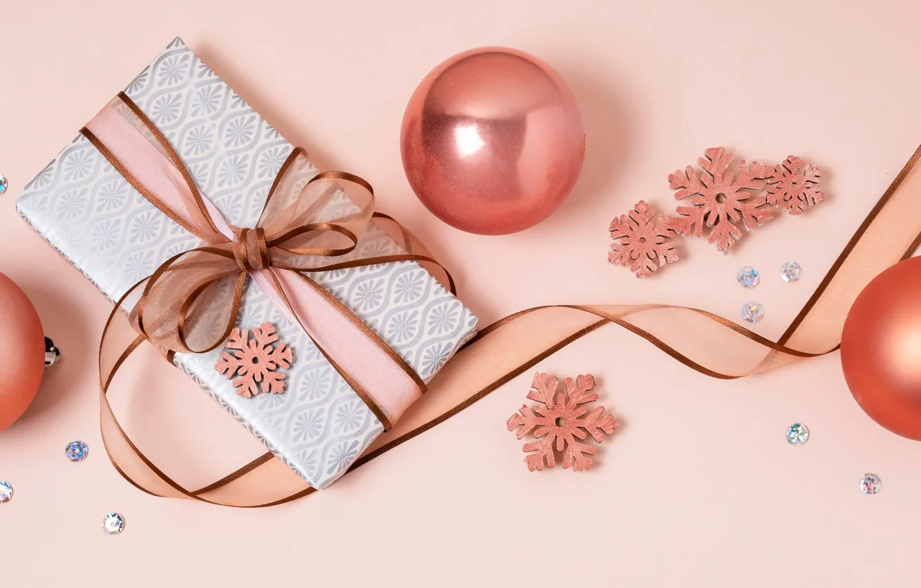 Photo wallpaper balls, snowflakes, gift, balls, Christmas, tape, New year, pink background