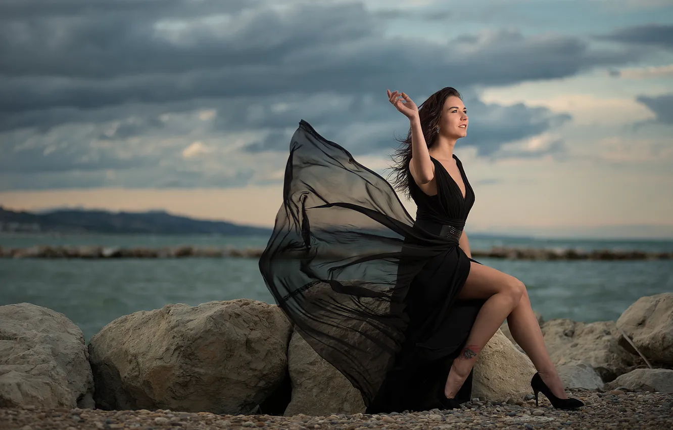 Photo wallpaper girl, stones, the wind, coast, dress, Mila Volkova