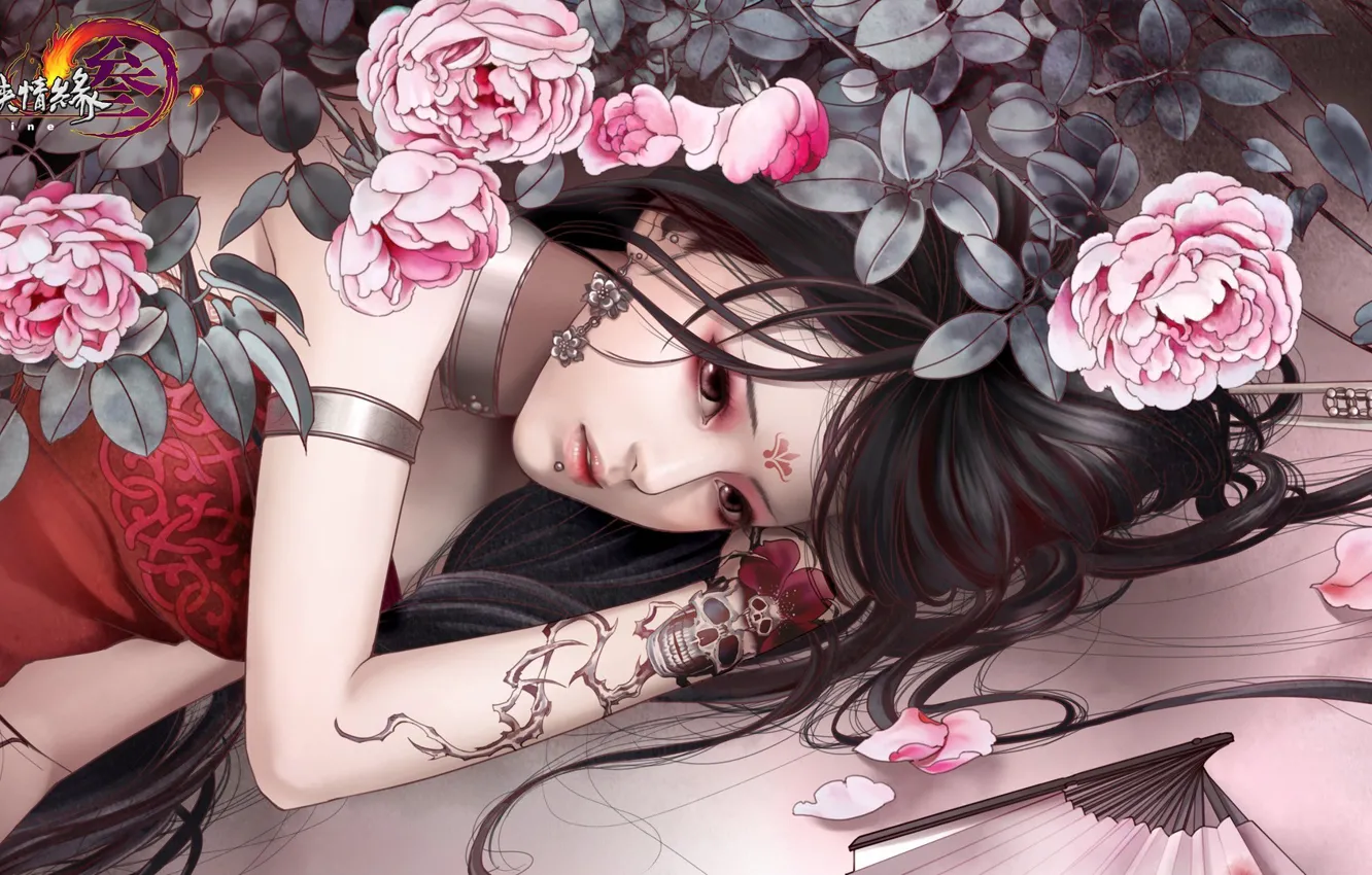 Photo wallpaper girl, tatoo, roses, a drawing