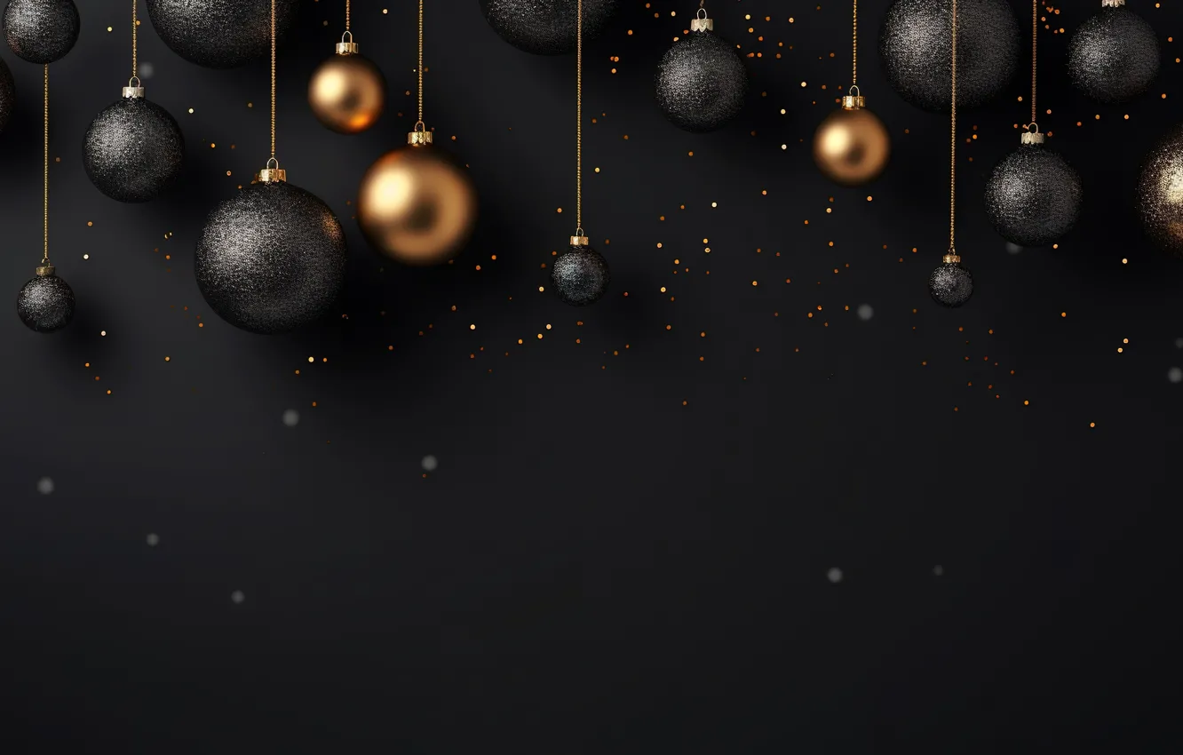 Photo wallpaper decoration, the dark background, balls, New Year, Christmas, golden, new year, happy
