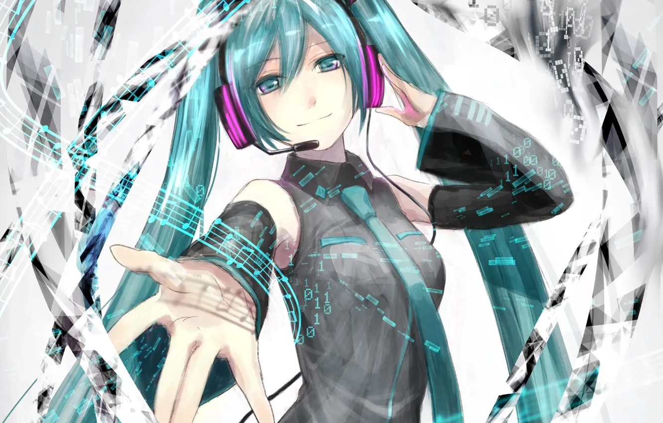 Photo wallpaper girl, notes, hand, headphones, art, figures, microphone, vocaloid