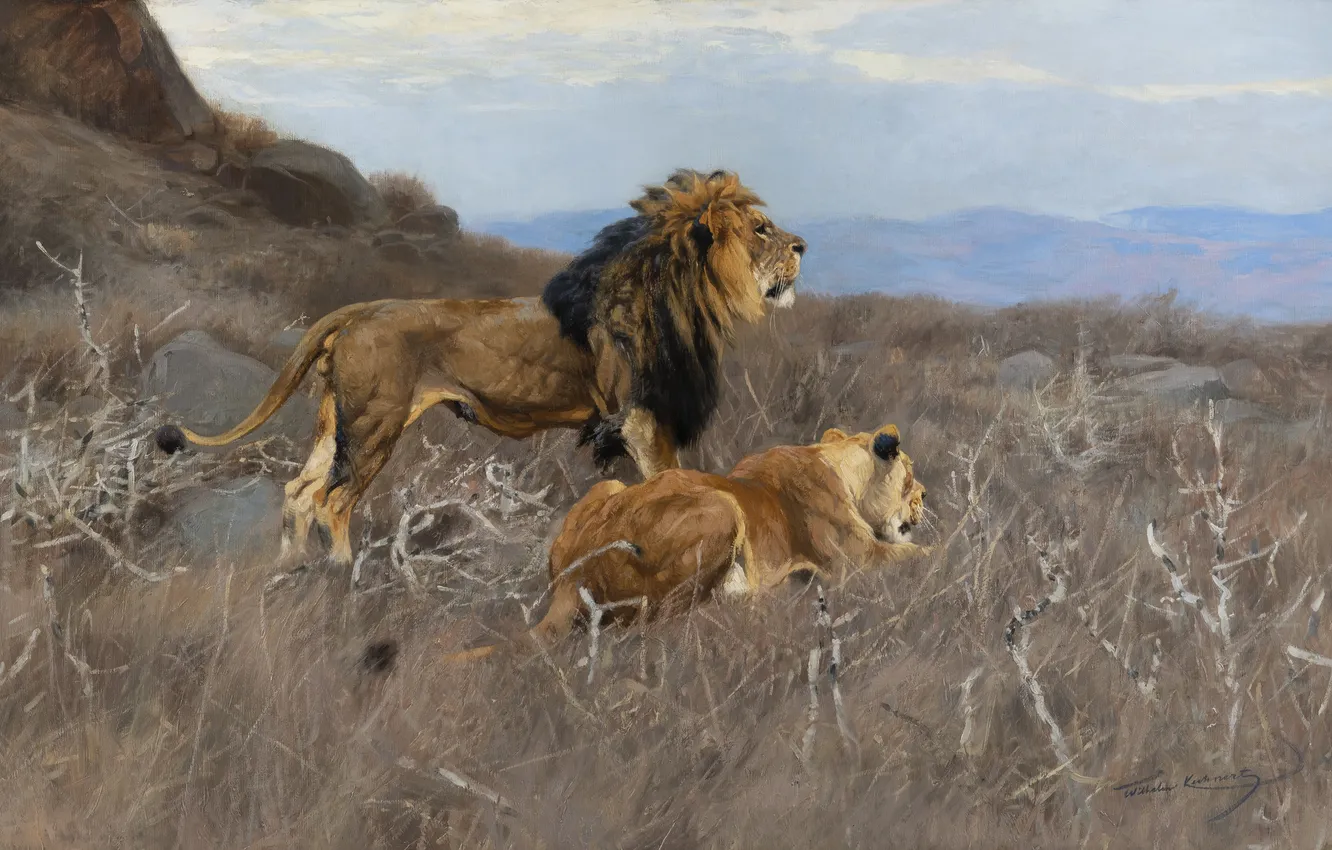Photo wallpaper Grass, Picture, Two, Friedrich Wilhelm Kunert, Friedrich Wilhelm Kuhnert, Wilhelm Kunert, Wilhelm Kuhnert, German painter