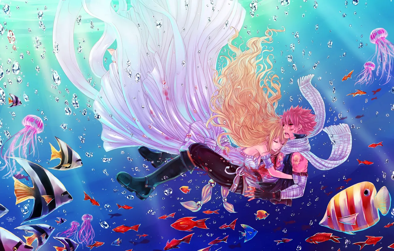 Photo wallpaper water, girl, fish, guy, under water, anime, art, fairy tail