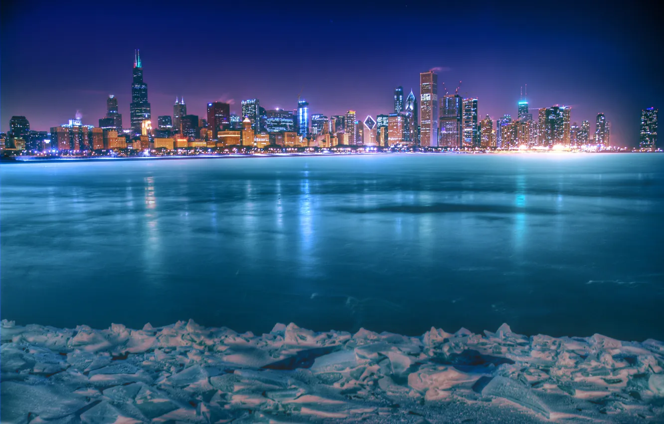 Photo wallpaper winter, the city, Chicago, panorama, USA, Chicago, Illinois, night lights