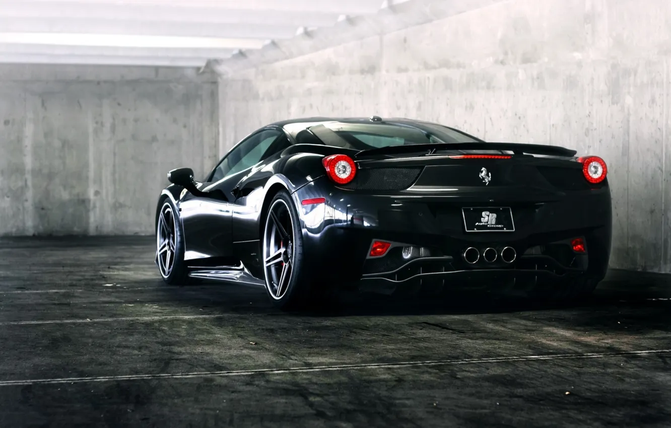 Photo wallpaper black, Parking, ferrari, Ferrari, black, rear view, Italy, 458 italia
