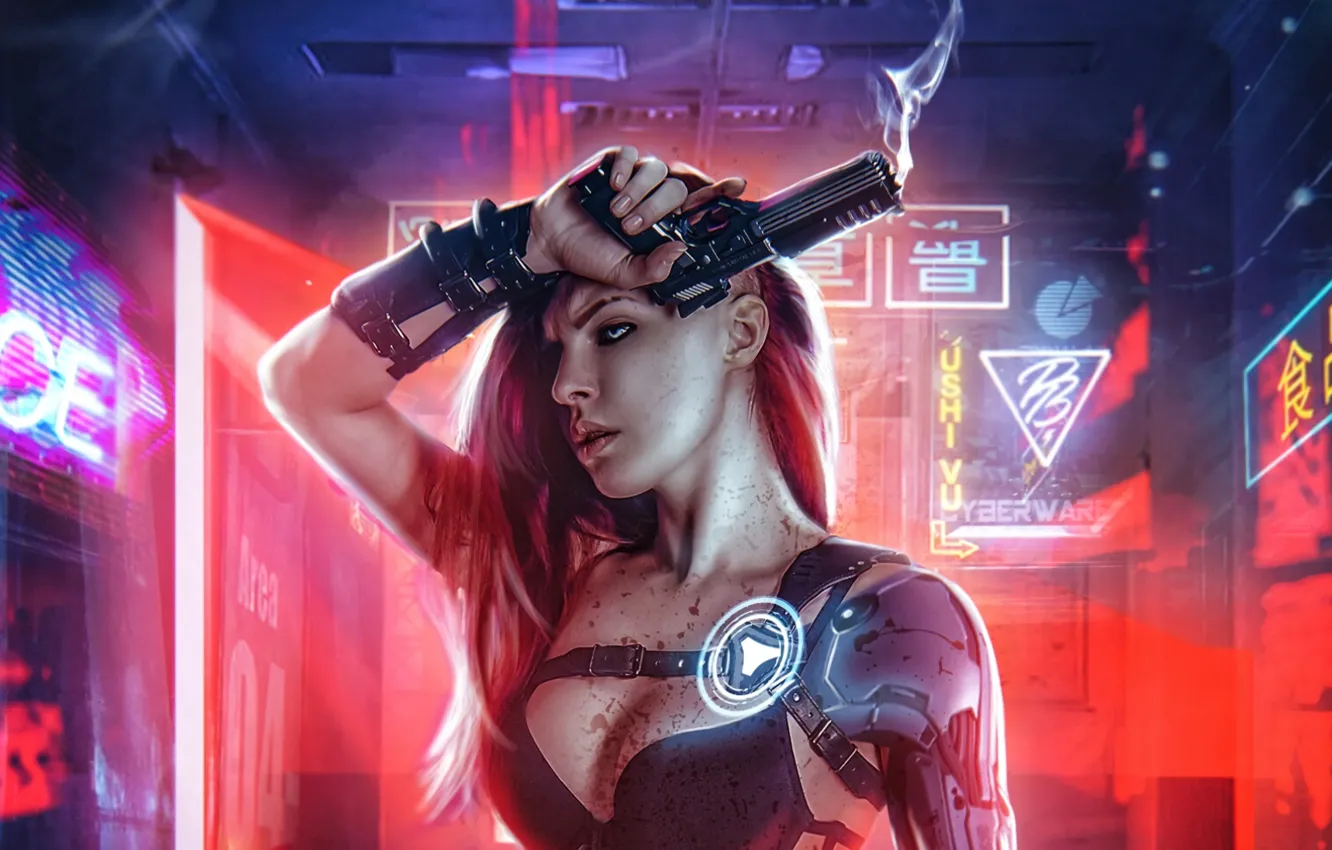 Photo wallpaper girl, weapons, the game, game, Cyberpunk, Girl With Gun