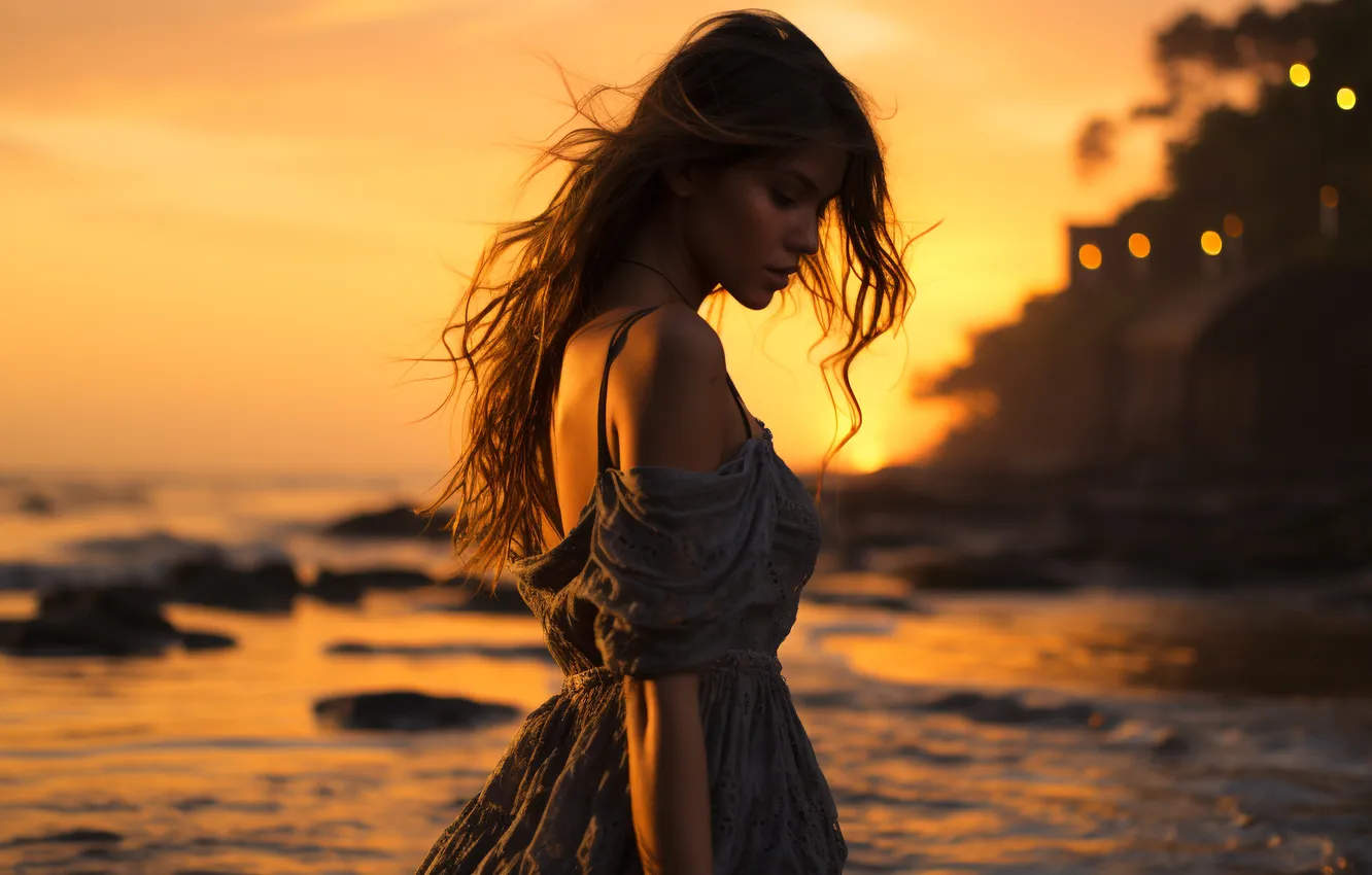 Photo wallpaper water, girl, dawn, shore, hair, digital art, AI art, The Art of Artificial Intelligence