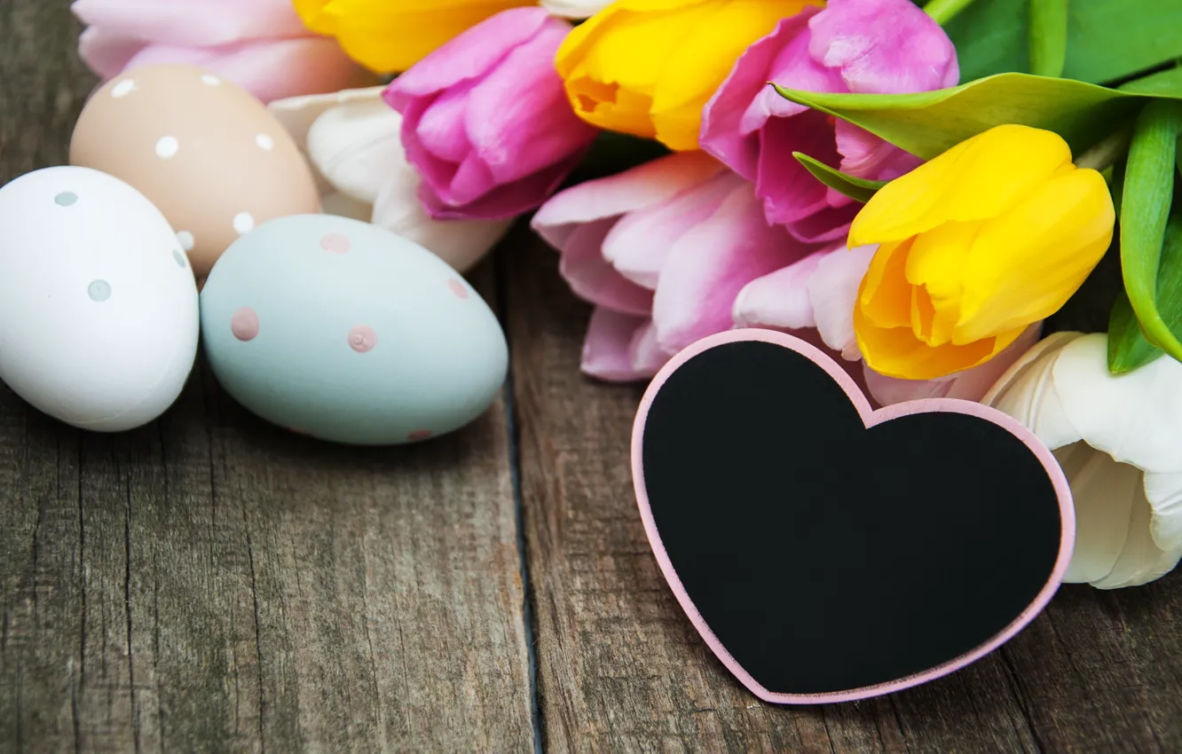 Photo wallpaper flowers, eggs, spring, colorful, Easter, tulips, wood, pink