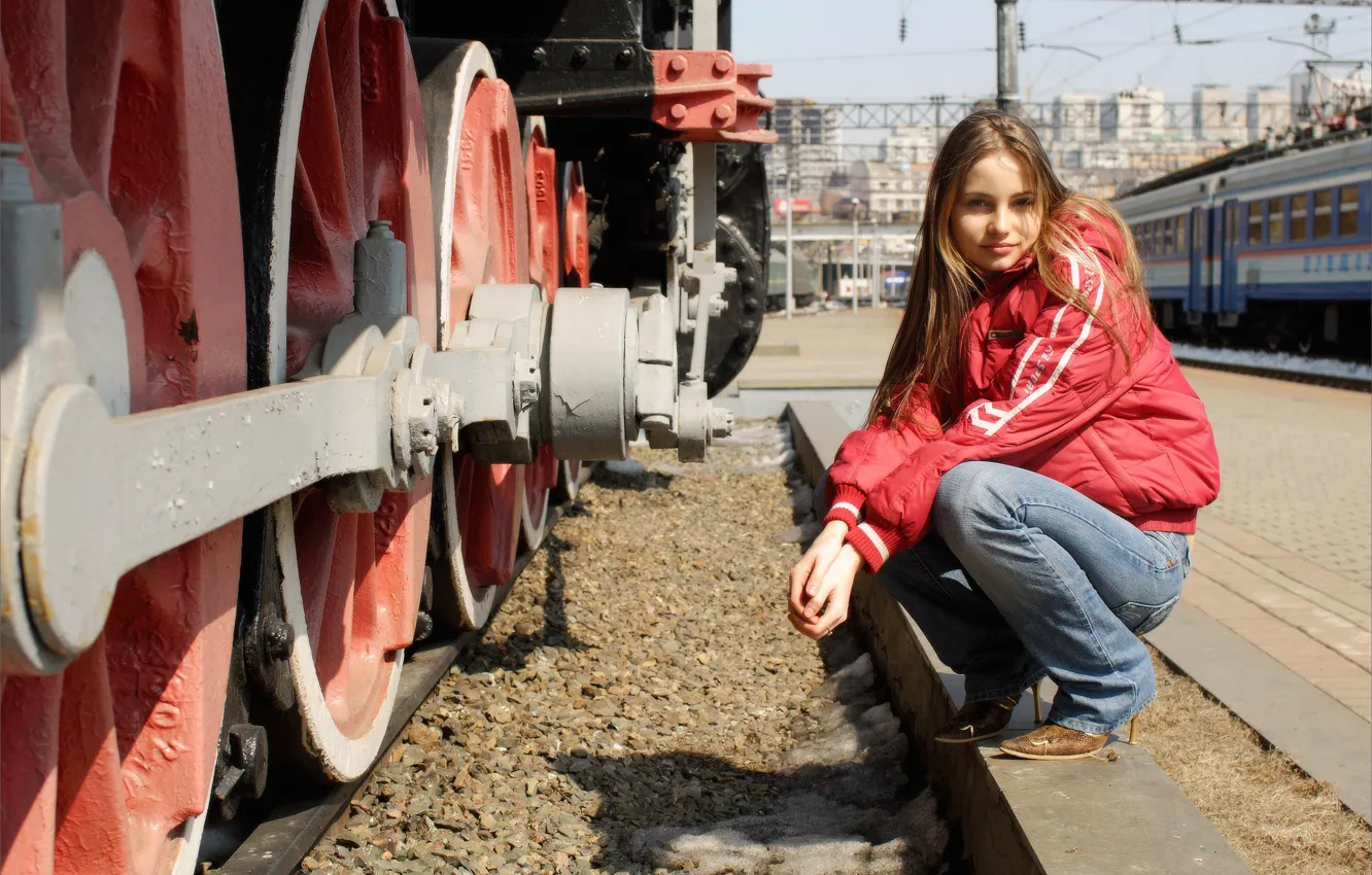 Photo wallpaper look, girl, smile, sweetheart, street, model, hair, train