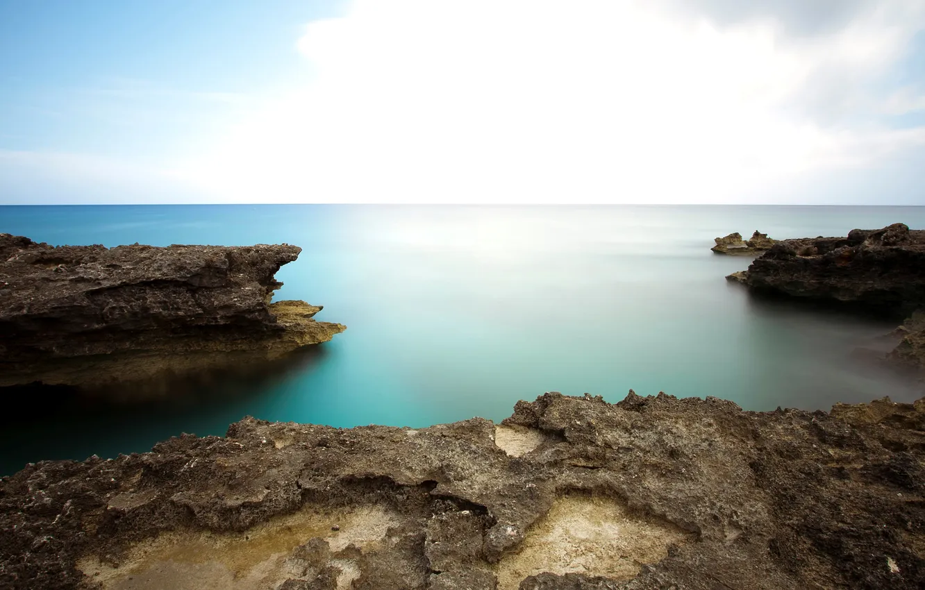 Photo wallpaper the sky, clouds, light, stones, rocks, shore, horizon, pond