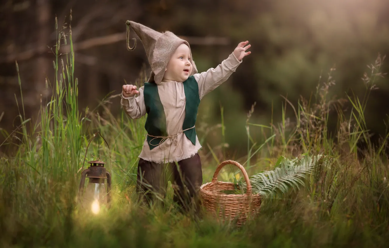 Photo wallpaper grass, joy, boy, lights, dwarf